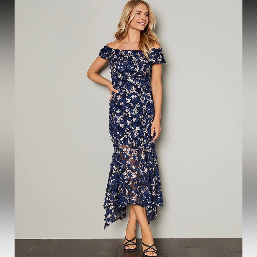 Xscape Raised Floral Embroidery Off-the-shoulder Mermaid Dress